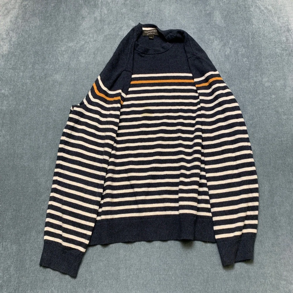 Banana Republic Premium Luxe Yarn Crew Sweater Mens XL Navy White Striped Casual